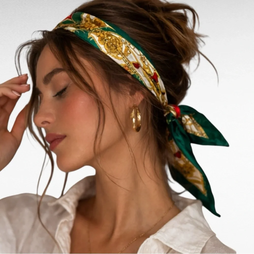 VINTAGE | 1980’s Multicolored Green Satin Square Medallions Tassels Scarf